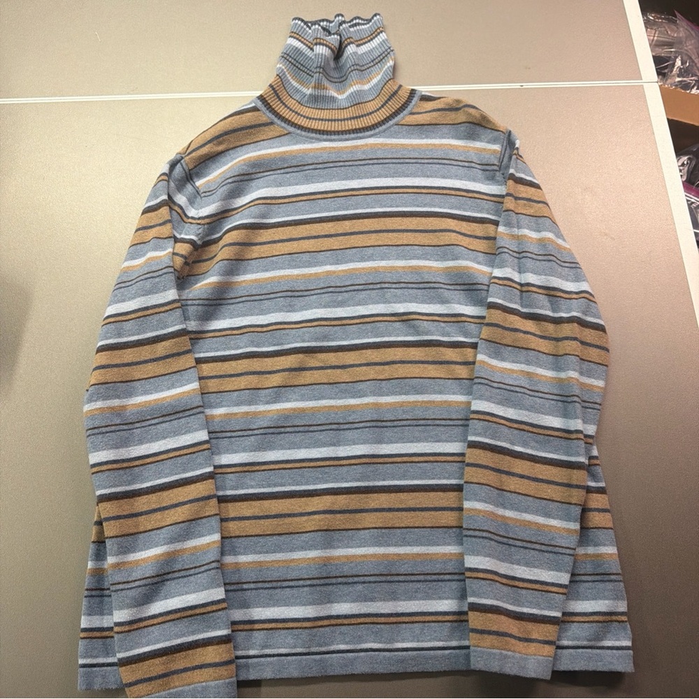 EDDIE BAUER SZ XL Cotton/ Nylon/Angora Blue Stripes Turtle Neck Pullover Sweater